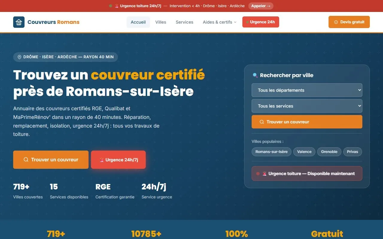 Sauvegarde WordPress Lyon — page d'accueil de Couvreurs Romans (Romans-sur-Isère (26))